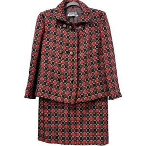 Givenchy Nouvelle Boutique Vintage Wool Blend Skirt Suit Red Black Check 10 / 12
